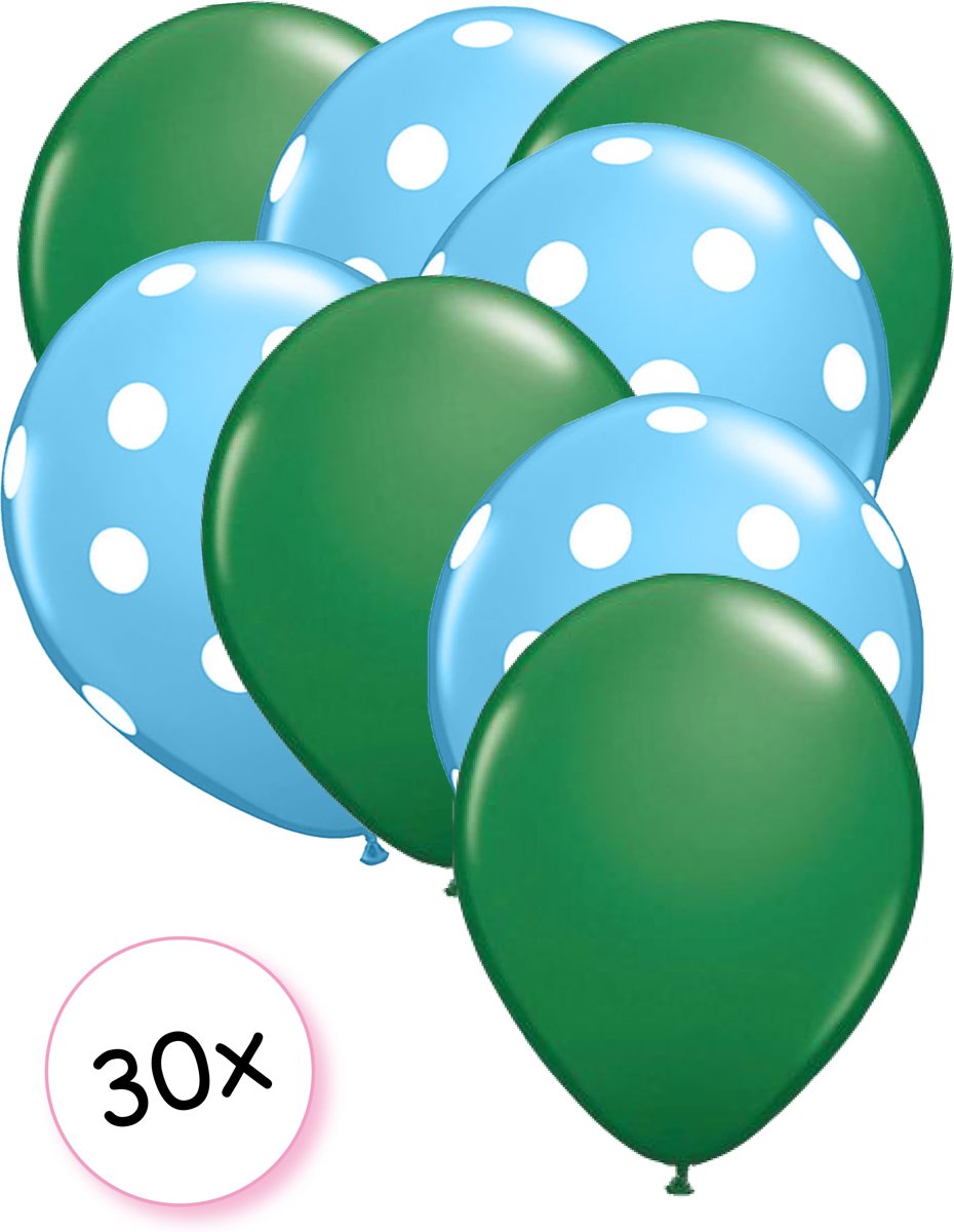 Ballonnen Groen & Dots Licht blauw-Wit 30 stuks 27 cm